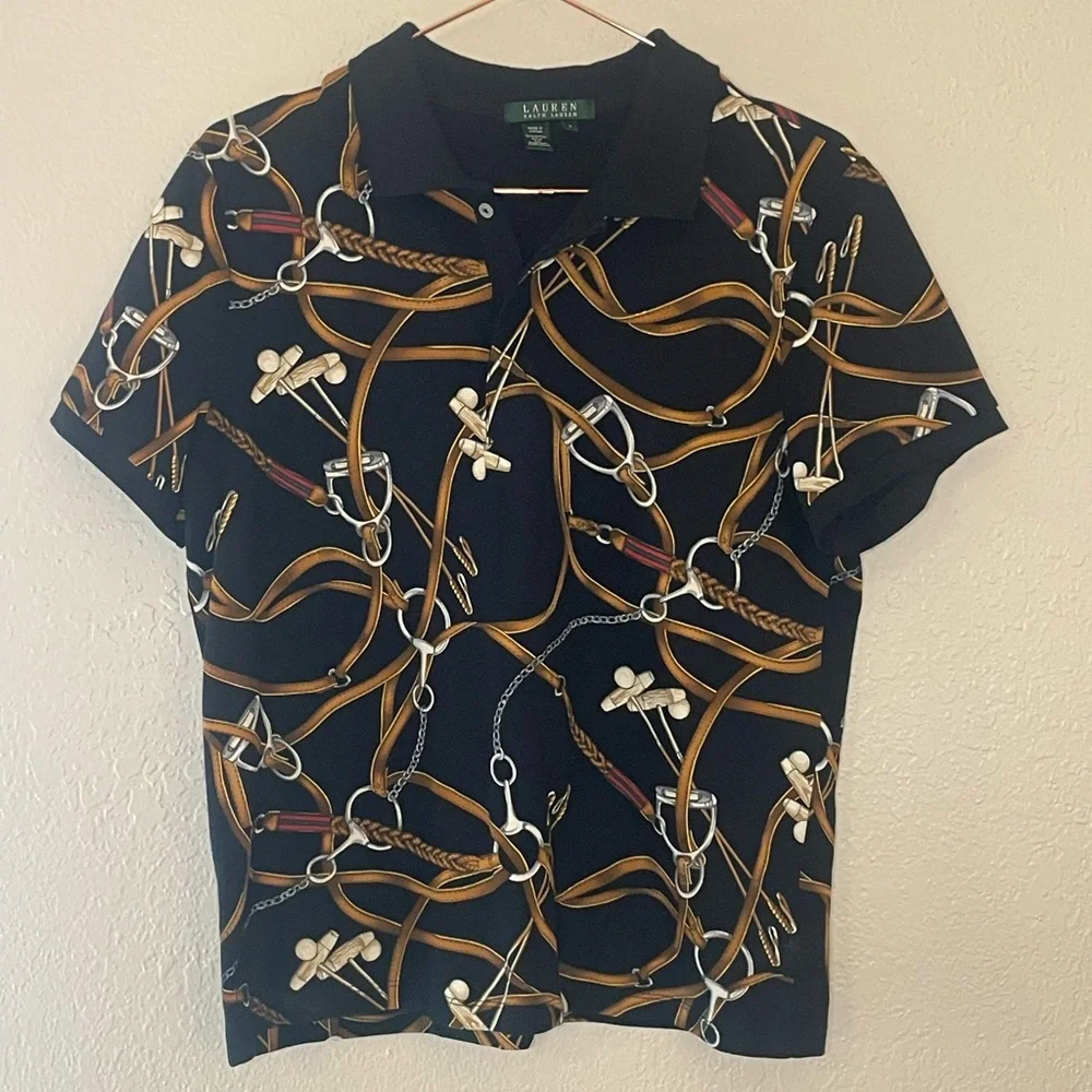 Vintage Ralph Lauren Equestrian Bridle Print Polo Shirt Black L - Picture 1 of 5